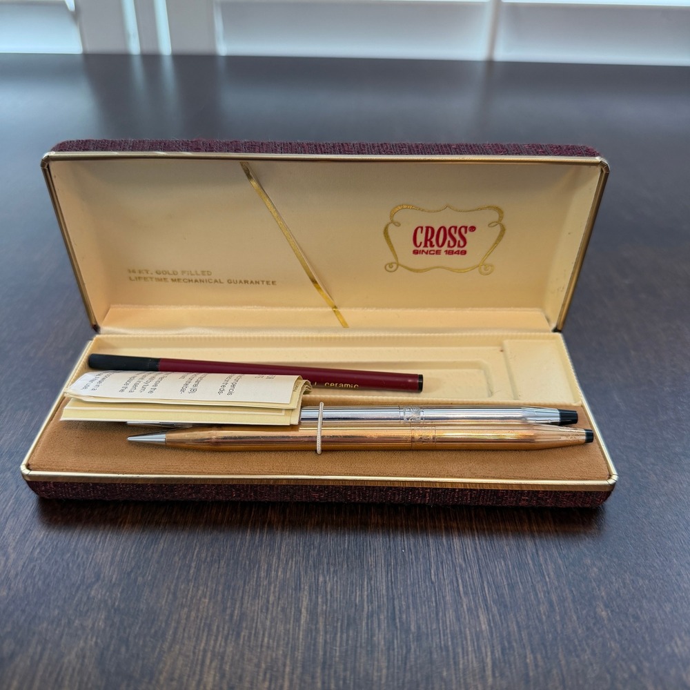 Vintage Cross 14KT Gold Filled Pencil & Chrome Pen Set with Original Box 1975